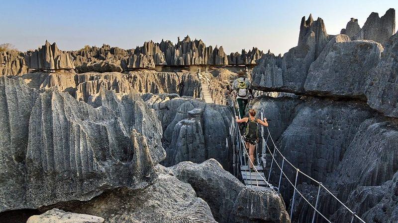 Hikers exploring the Tsingy of Bemaraha in Madagascar